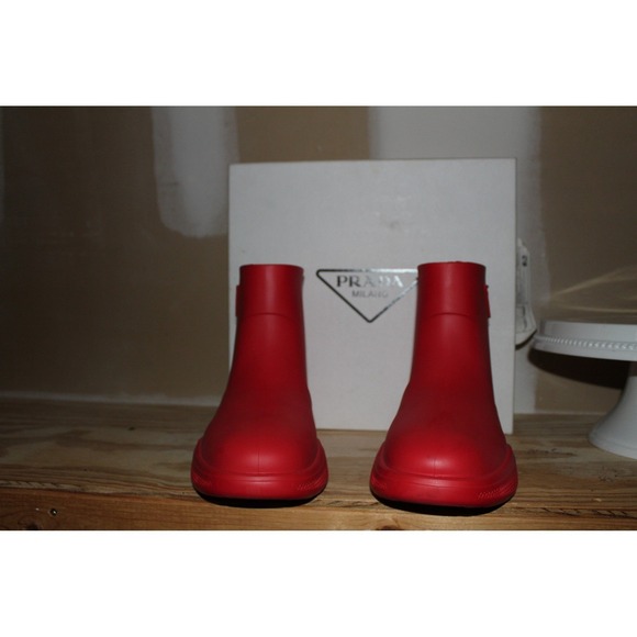 Prada Red Rubber Rain Boots Ankle Logo Monolithic Chunky Sole Mens Size 44‎ main image 8
